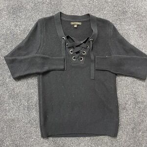 Banana Republic Sweater Womens Medium Black Lace Up V Neck Merino Pullover Knit